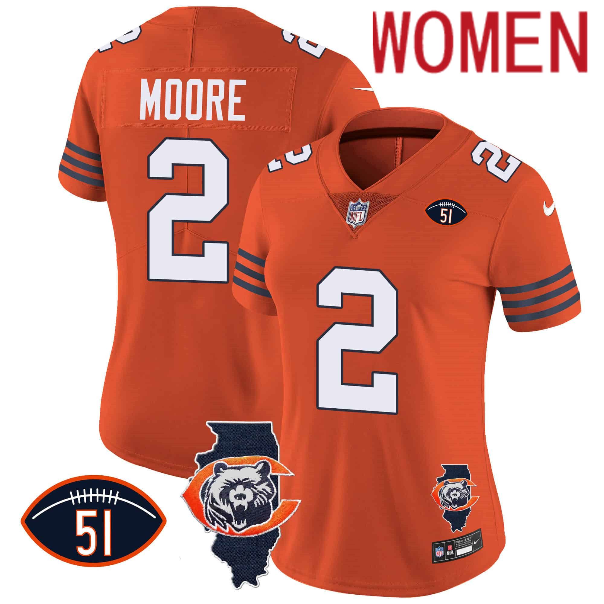 Women Chicago Bears #2 Moore Orange 2024 Nike Throwback Illinois Patch Vapor NFL Jersey